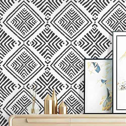 Black and White Peel and Stick Wallpaper Boho Geometric Contact Paper for Cabinets Modern Self Adhesive Removable Wallpaper Kitchen Bathroom Waterproof Black White Contact Paper 78.7inL 17.3inW