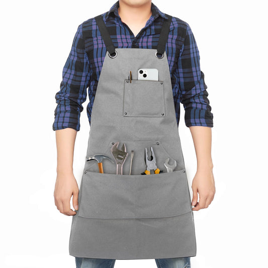 Dadidyc Adjustable Work Apron for Men,Heavy Duty Canvas Shop Apron Crossback with Tool Pockets (Grey)