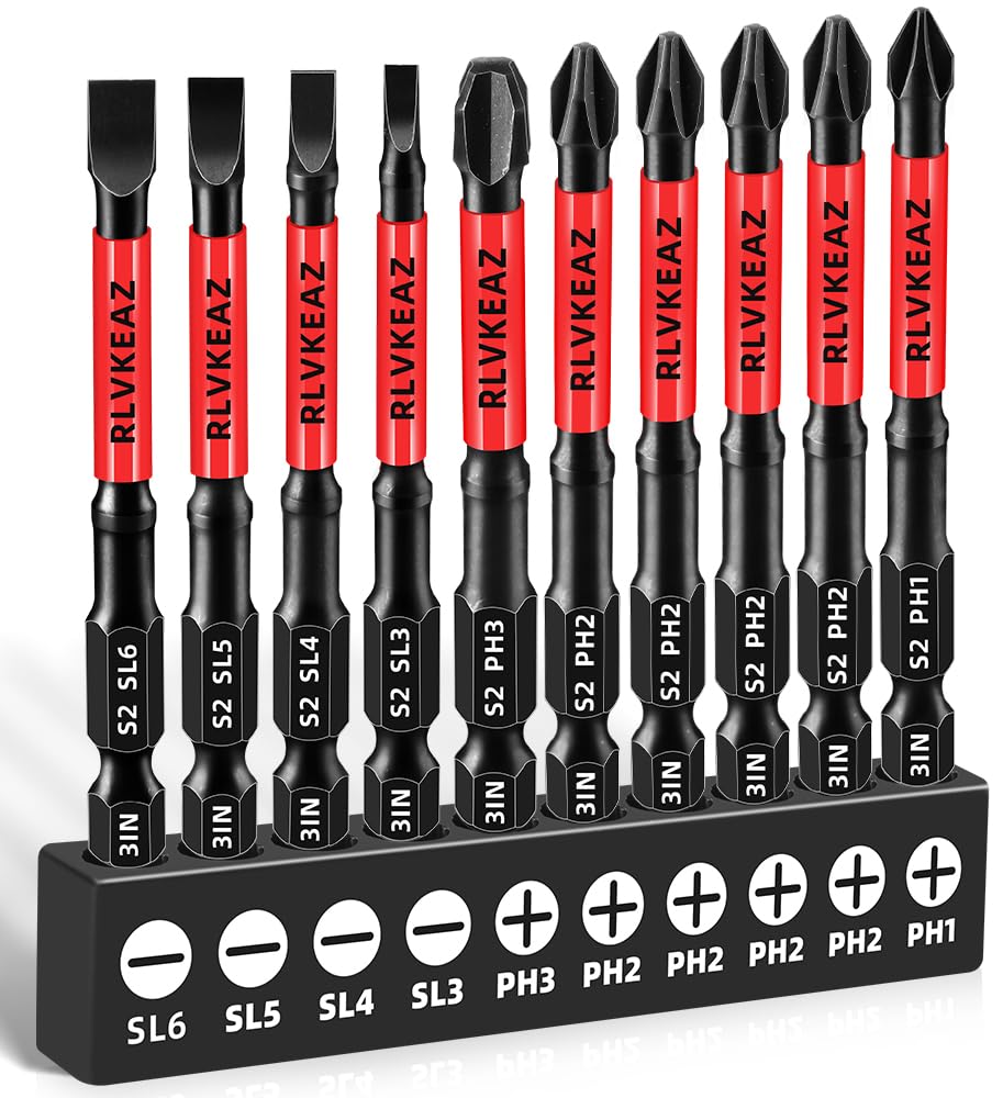 10-PCS 3" Long Magnetic Screwdriver Bits Set: Phillips Bits #1/#2/#3 & Slotted Head - S2 Alloy Steel, 1/4" Hex Shank for Impact Driver, Power Drill - Pro & DIY