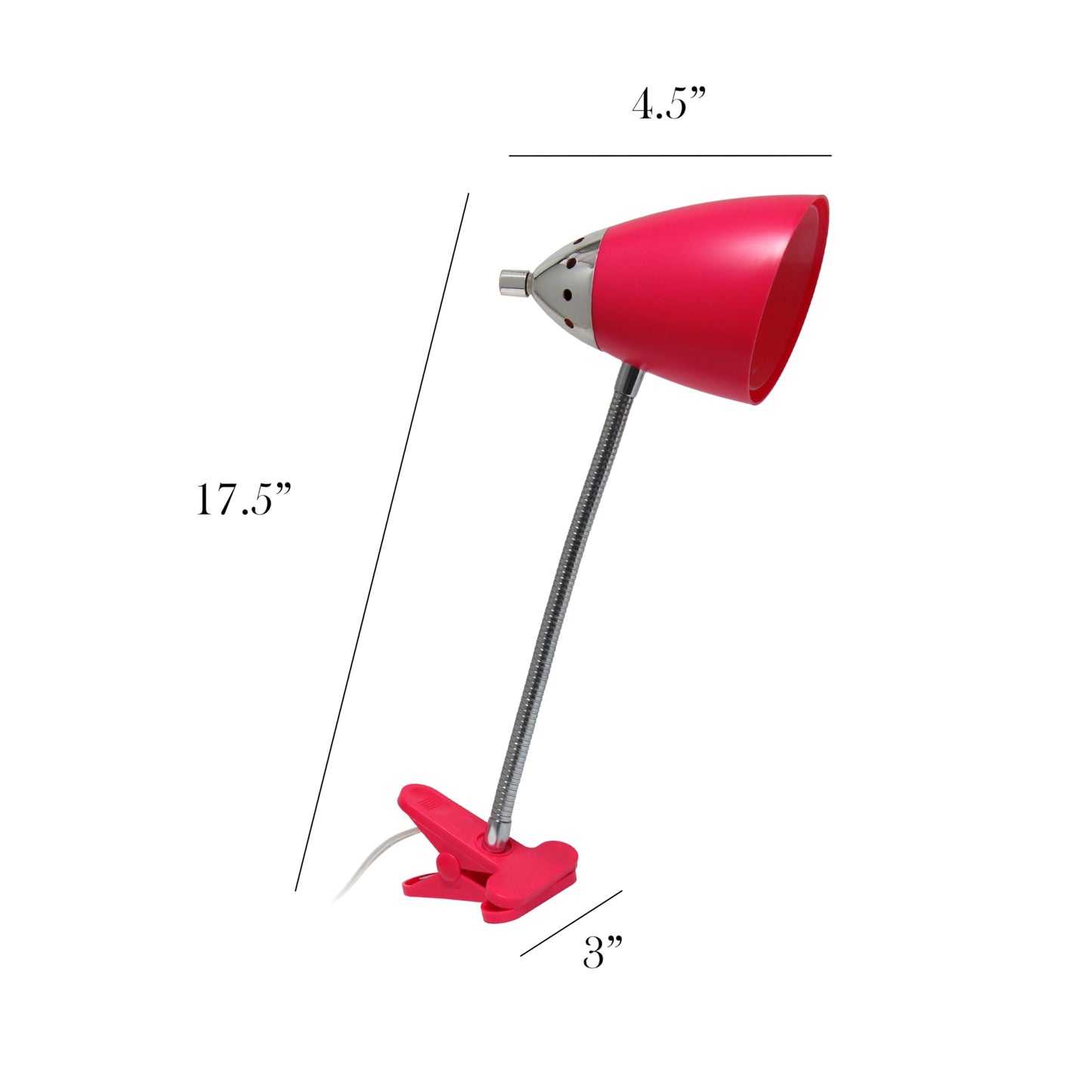 Simple Designs LD2001-PNK-LB 17.5" Flossy Flexible Gooseneck Clip Light Desk Lamp with LED Bulb, Pink