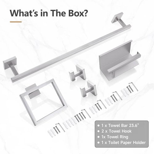 TQKAG 5-Pieces Brushed Nickel Bathroom Hardware Accessories Set 23.6" SUS304 Stainless Steel Towel Bar Set Wall Mounted Square Toilet Paper Holder with Shelf