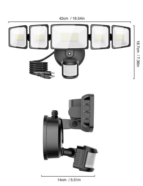 5000LM Motion Sensor Outdoor Lights Plug in, 5 Head Motion Sensor Flood Light Outdoor with Remote, Dusk to Dawn Outdoor Lighting, IP65 Waterproof Motion Detector Lights for Outside, Black