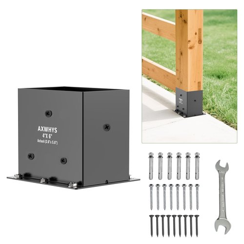 4 Pcs Post Base,4"x 6"Post Brackets(Acturl3.6 x5.6), Heavy Duty Black Metal Powder-Coated Thick Steel Post Anchor Outdoor for Support Deck Base Plate, Pergola Bracket Kit,Mialbox Post Mount