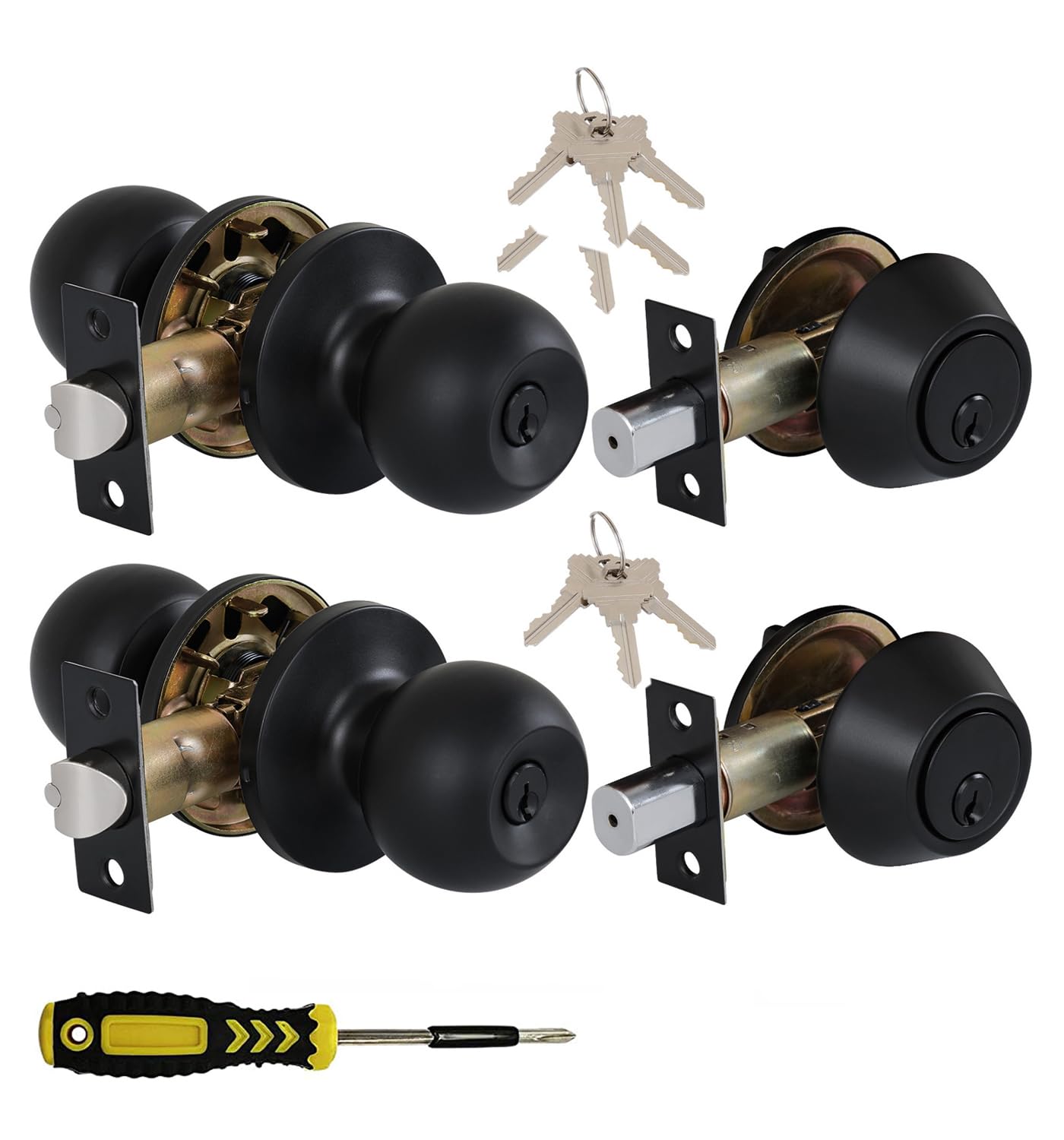 Lanwandeng (2 Sets) All Keyed Same Entry Knobs&Single Cylinder Deadbolt for Exterior Front Doors, Matte Black Finish Entry Door Lock with Same Keys