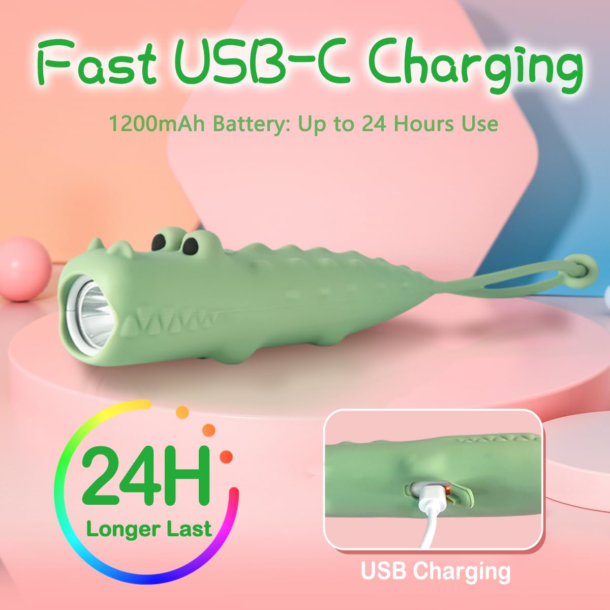 LEDHOLYT Kids Flashlight - Cute Silicone Alligator Toy Light with Adjustable Brightness, Safe & Durable Design, USB-C Charging, Birthday Gift for Ages 3+ Boys Girls Children