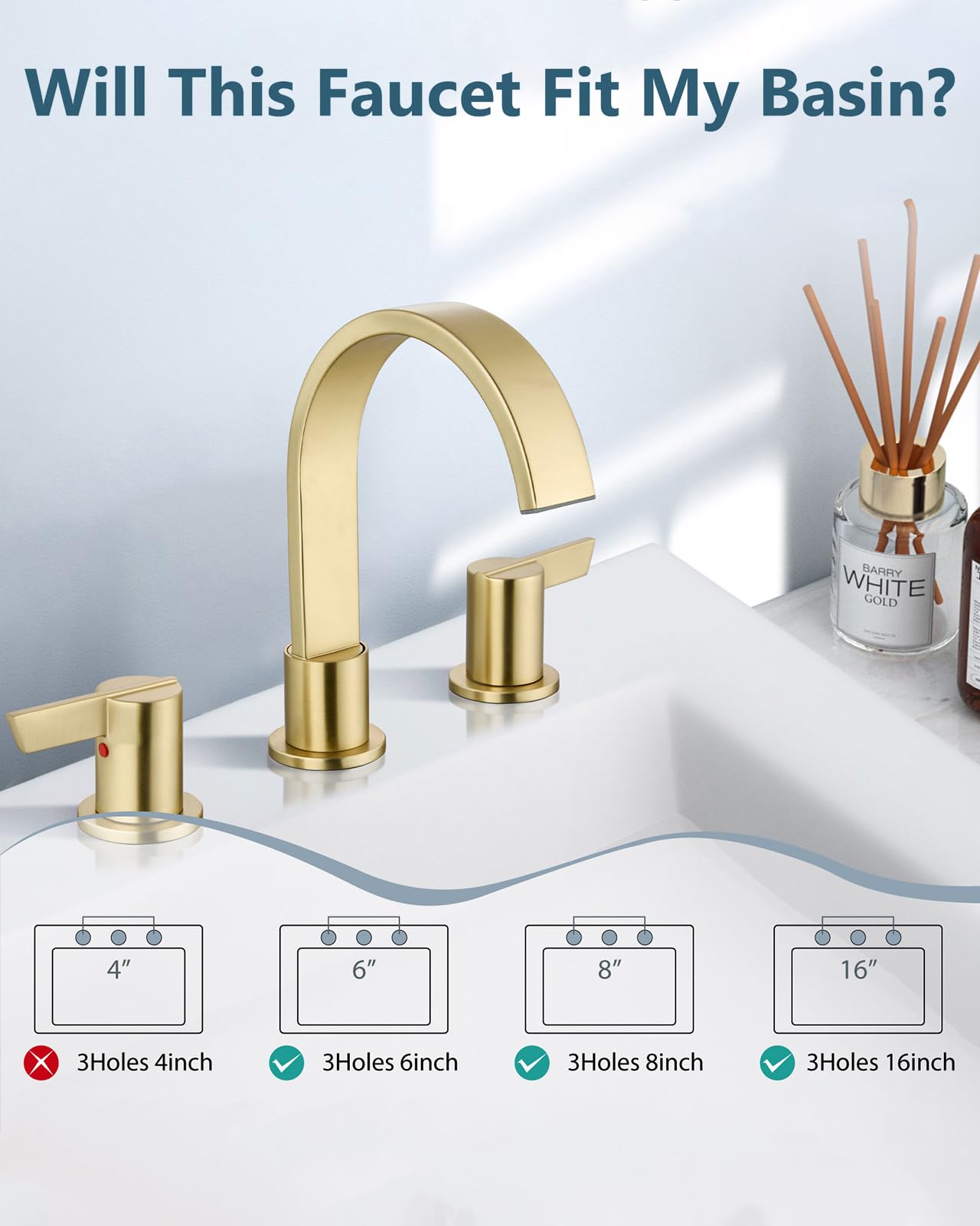 Aolemi 3 Hole Bathroom Faucet, 8 Inch Widespread Waterfall Sink Faucet, 2 Handle Vanity Faucet with Pop Up Drain and Supply Lines, Brushed Gold