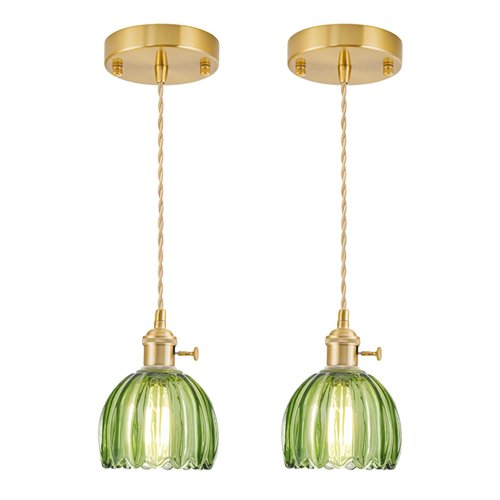 Mini Pendant Lights Kitchen Island 2 Pack, Small Adjustable Pendant Light Fixture with Green Tulip Glass Lampshade, Vintage Gold Pendant Lighting, Pendant Light for Bedroom Dining Room Hallway