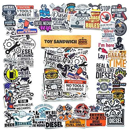 50 pcs Diesel Mechanics Vinyl Sticker Pack- Vintage Man Cave Stuff for Garage and Men Room Decor, Use As Tool Box Stickers, Hard Hat Welding Helmet Stickers or Car Truck Window Decals (Matte Finish)