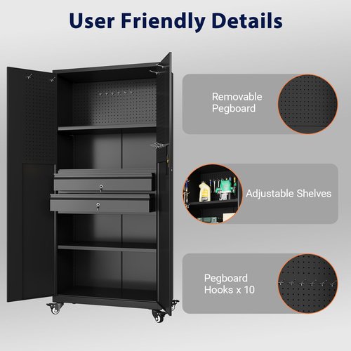 JFHID 71" Metal Garage Storage Cabinet with Drawers and Wheels Rolling Tool Chest Cabinet with Pegboards, Lockable Storage Cabinets with Adjustable Shelves for Warehouse,Workshop,Garage, Basement