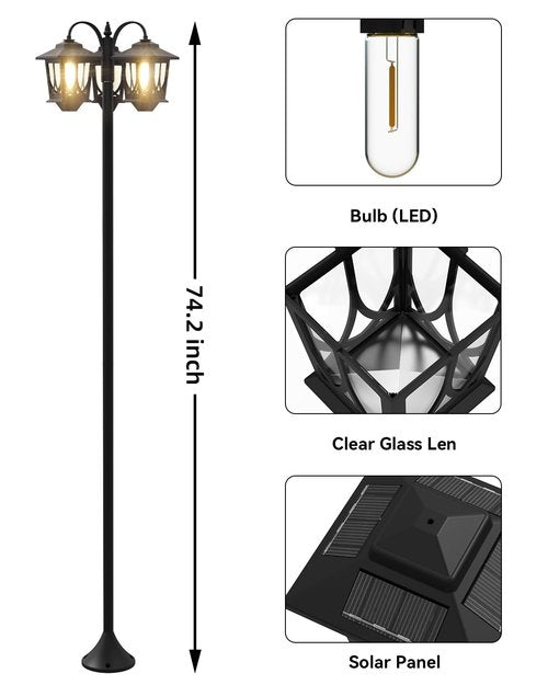 FIESTREL 73" Aluminum Solar Lamp Post Light, 3-Head Pole Lights 90LM Waterproof - Auto Dusk to Warm White Dawn Floor Lamp for Outdoor Garden Pathway Replaceable Bulb
