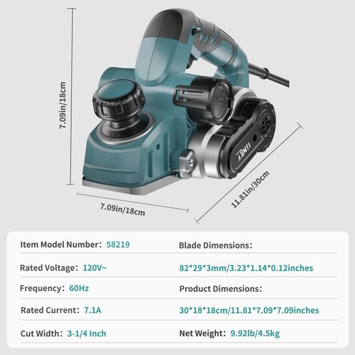 DNTI-7.1AMP electric hand planer for wood Planer depth 4 mm Electric Hand held Planers for Woodworking 3-1/4 Inch corded Planer Wood Chamfer DIY Smooth Finish Carpentry Tool (58219-4MM)