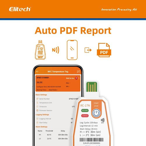 Elitech 10Pack USB/NFC PDF Data Logger Recorder Single-use Disposable, up to 120 Days Transportation, Temperature Monitoring Report -22～158℉ RC-17N