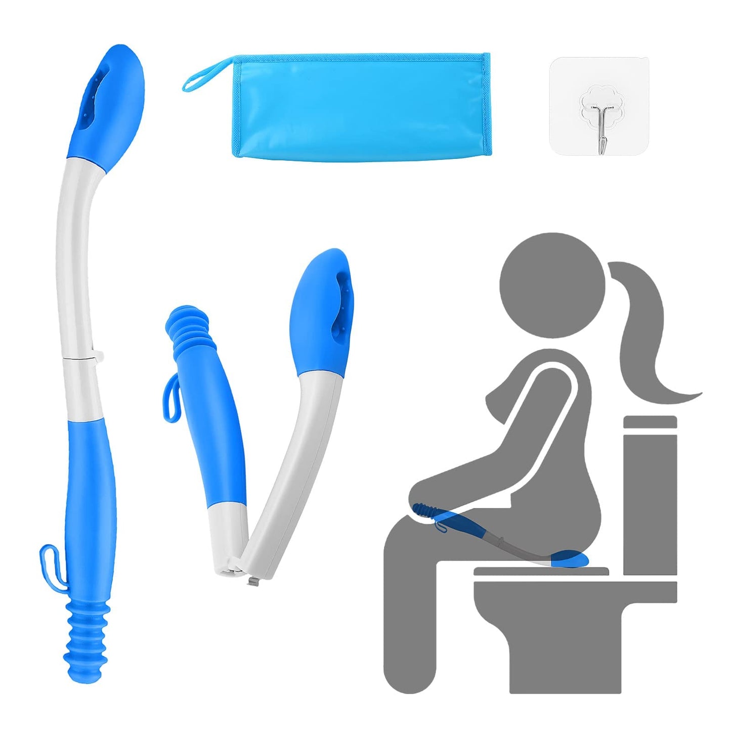 Jhua Foldable Butt Wiper Tool for Women Men Toilet Aids for Wiping 15.7" Long Comfort Bottom Buddy Wiping Aid, Self Wipe Assist Toilet Aids Wand for Disabled, Elderly, Overweight, Pregnant People