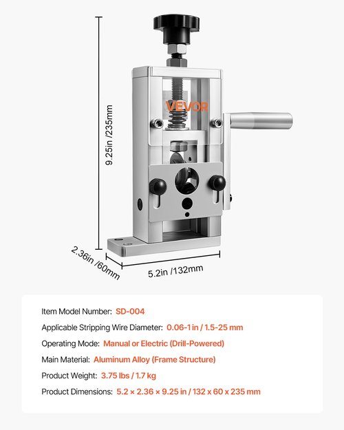 VEVOR Manual Wire Stripping Machine, 0.06-1 in, Copper Stripper with Hand Crank or Drill Powered, 64Mn Quenched Blades, 45# Steel Rollers, Aluminum Alloy Frame Wire Peeler, for Scrap Copper Recycling