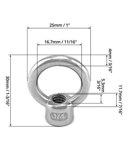 QWORK Lifting Eye Nut, 10 Pack, 1/4" UNC Marine Grade Stainless Steel 316
