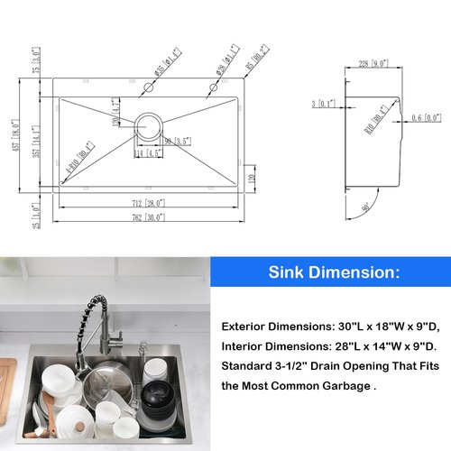 30 Inch Drop In Kitchen Sink with Faucet Combo - SZBAQTM 30"x18"x10" Stainless Steel Topmount Sinks 18 Gauge T304 Single Bowl Kitchen Sink with Pull-Out Faucet