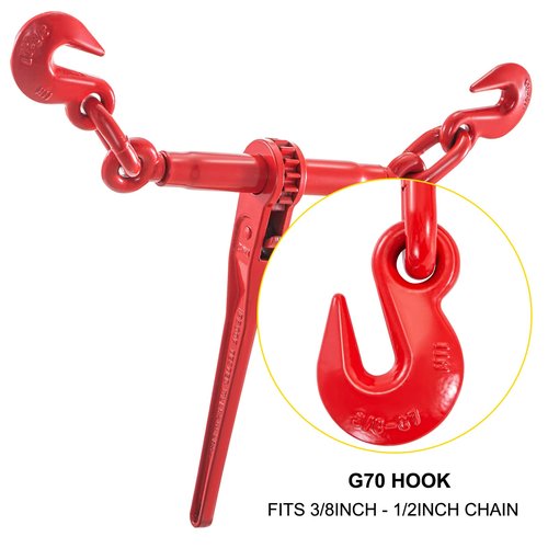 VEVOR Chain Binder 3/8in x 1/2in, Ratchet Load Binder 9215lbs Capacity, Ratchet Lever Binder w/ G70 Hooks, Adjustable Length, Ratchet Chain Binder for Tie Down, Hauling, Towing, 2 Packs in Red