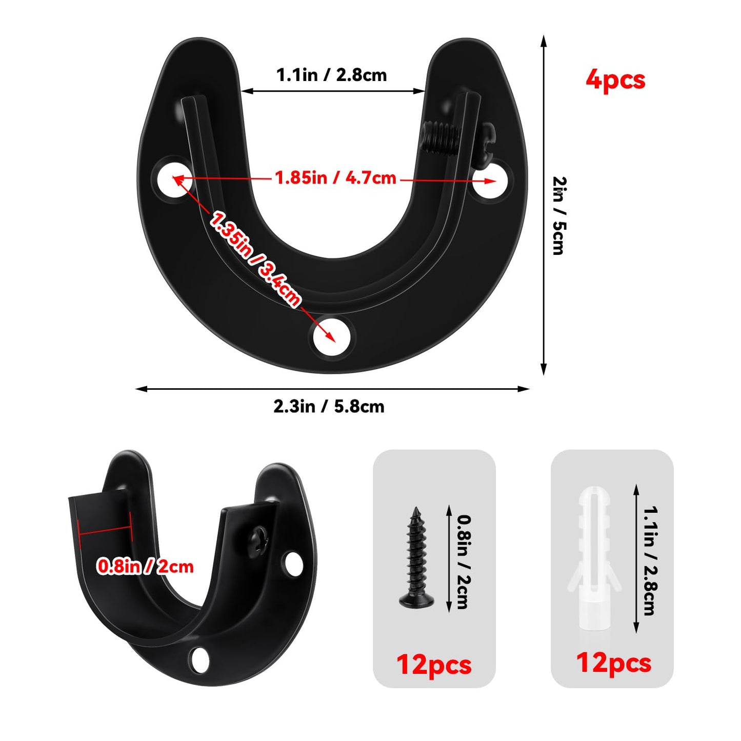 4 Packs Stainless Steel Wardrobe Bracket U-Shaped Rod Socket Flange 1-1/4" Diameter Heavy Duty ClosetBrackets End Supports for Closet Rod with Screws (Black)