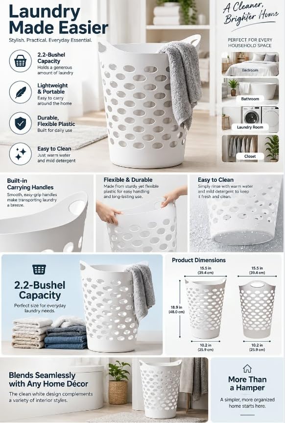 Tall Flex Laundry Basket with Handles – White Plastic Hamper 17.75 x 17.25 x 26 in