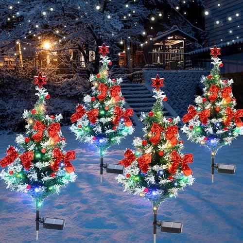Solar Christmas Tree Light - Christmas Waterproof Small Pathway Lights, Outdoor Lights Christmas Decorations Cedar Xmas Tree with 20 LED Lights in 4 Colors for Garden/Yard/Patio, 4 Packs