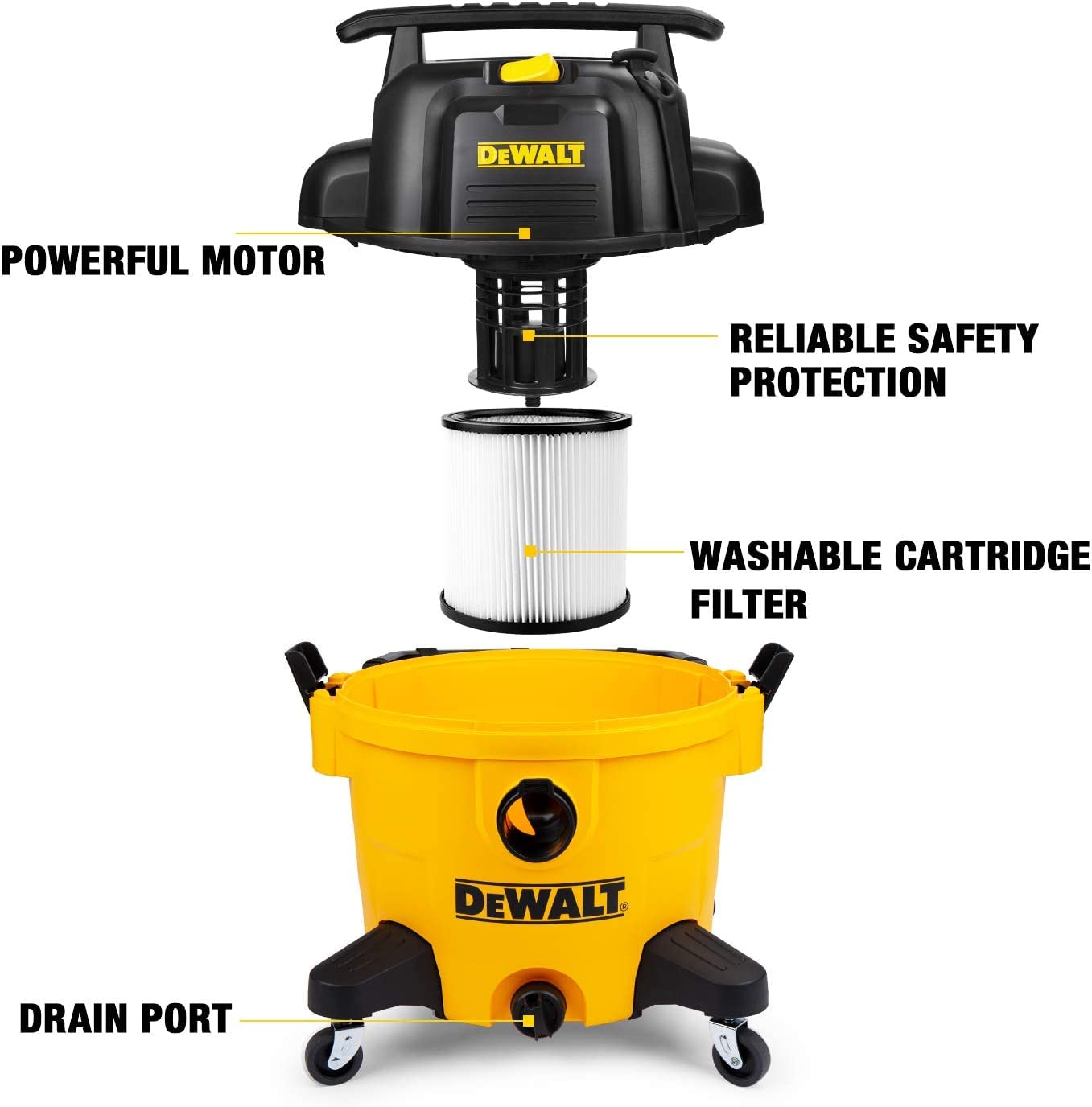DEWALT 9 Gallon Poly Wet/Dry Vac DXV09PZ, Shop Vacuum for Workshop/Jobsite Yellow