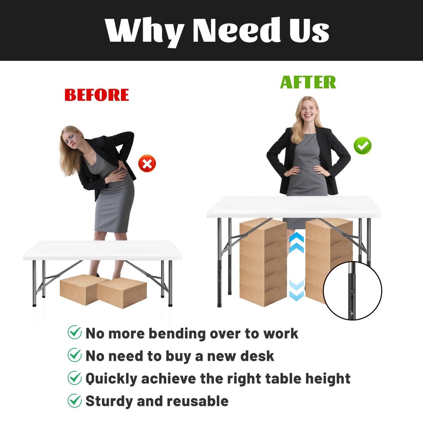 YUEYIN Table Leg Extensions for Straight/Bent Folding Tables, Metal Extenders, Reduces Stooped Work, Improves Back Pain, 4 Levels/Heights Adjustable Risers (4 Pack)