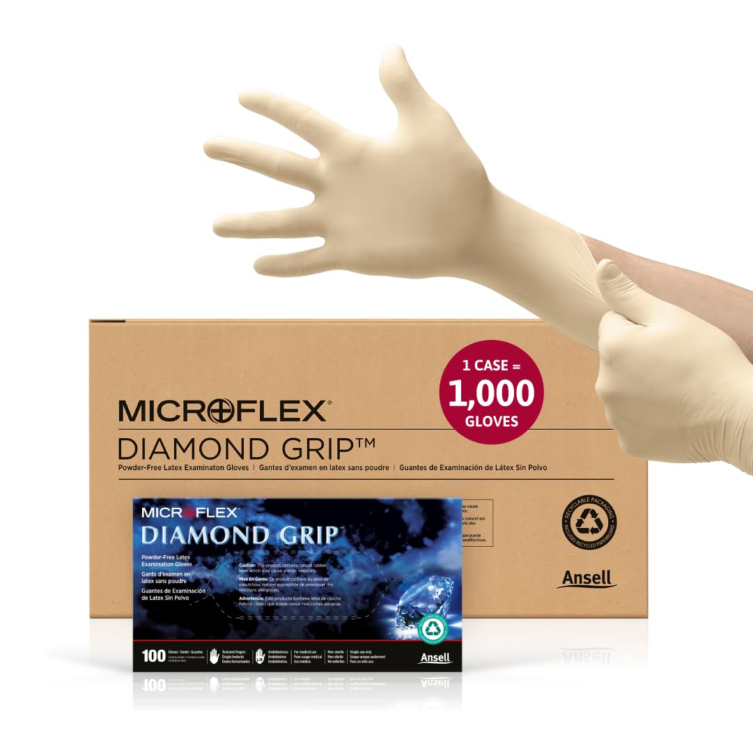 Ansell MICROFLEX Diamond Grip MF-300 Disposable Latex Gloves for Automotive, Healthcare, Machinery Industries - Small, Natural (Case of 1000)
