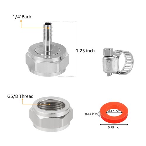 Hilangsan Keg Coupler Barb Connector 1/4'' Barb G5/8 Thread Hex Nut 3/16 Beer Line Connectors with Clamps - 4 Pack