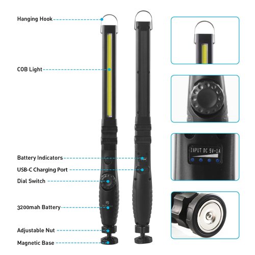 Dr. Prepare LED Work Light, 700 Lumens Foldable Rechargeable Work Light, 3200mAh Cordless Portable Magnetic COB LED Inspection Light for Car Repair, Home, Garage, Emergency
