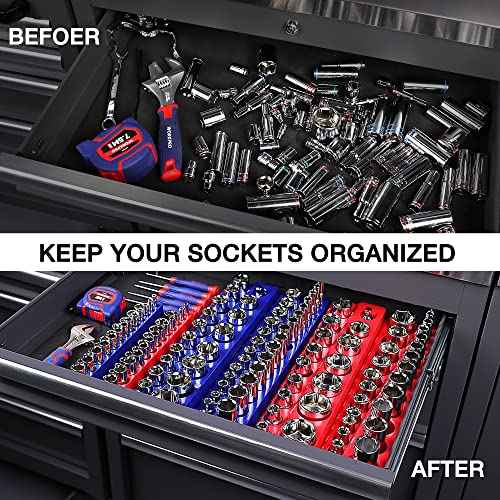 WORKPRO Magnetic Socket Organizer Set, 3-Piece Socket Holder Set Includes 1/4", 3/8" and 1/2" Drive Metric Socket Trays, Holds 75 Pieces Standard Size and Deep Size Sockets(Socket not Included)