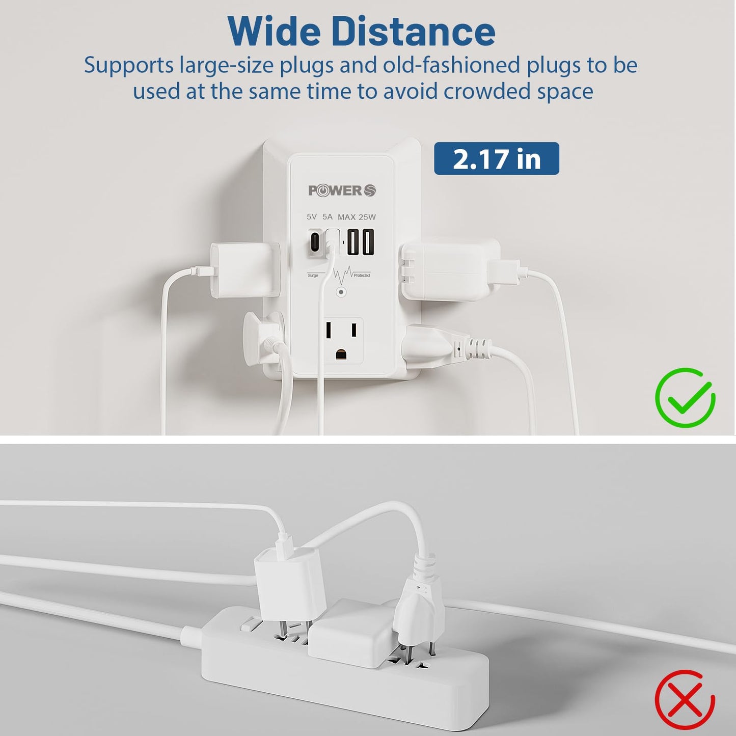 Electrical Outlet Extender with USB Ports (2C2A), Snug Wall Outlet, Surge Protector, Wall Plug Adapter for Multiple Devices, Wall Socket Expander