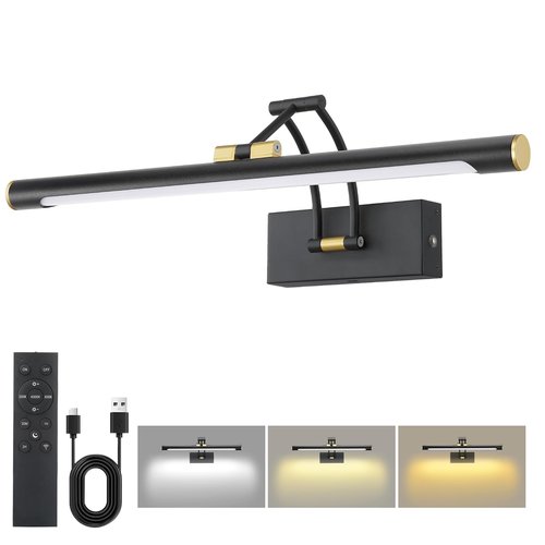 16“ Picture Lights for Wall Battery Operated, Wireless Picture Light with Remote, Rechargeable Wall Light 3000K/4000K/6000K Dimmable, Art Lighting for Paintings Frame Gallery Dartboard, Black Gold