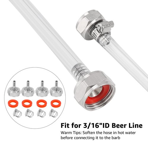 Hilangsan Keg Coupler Barb Connector 1/4'' Barb G5/8 Thread Hex Nut 3/16 Beer Line Connectors with Clamps - 4 Pack
