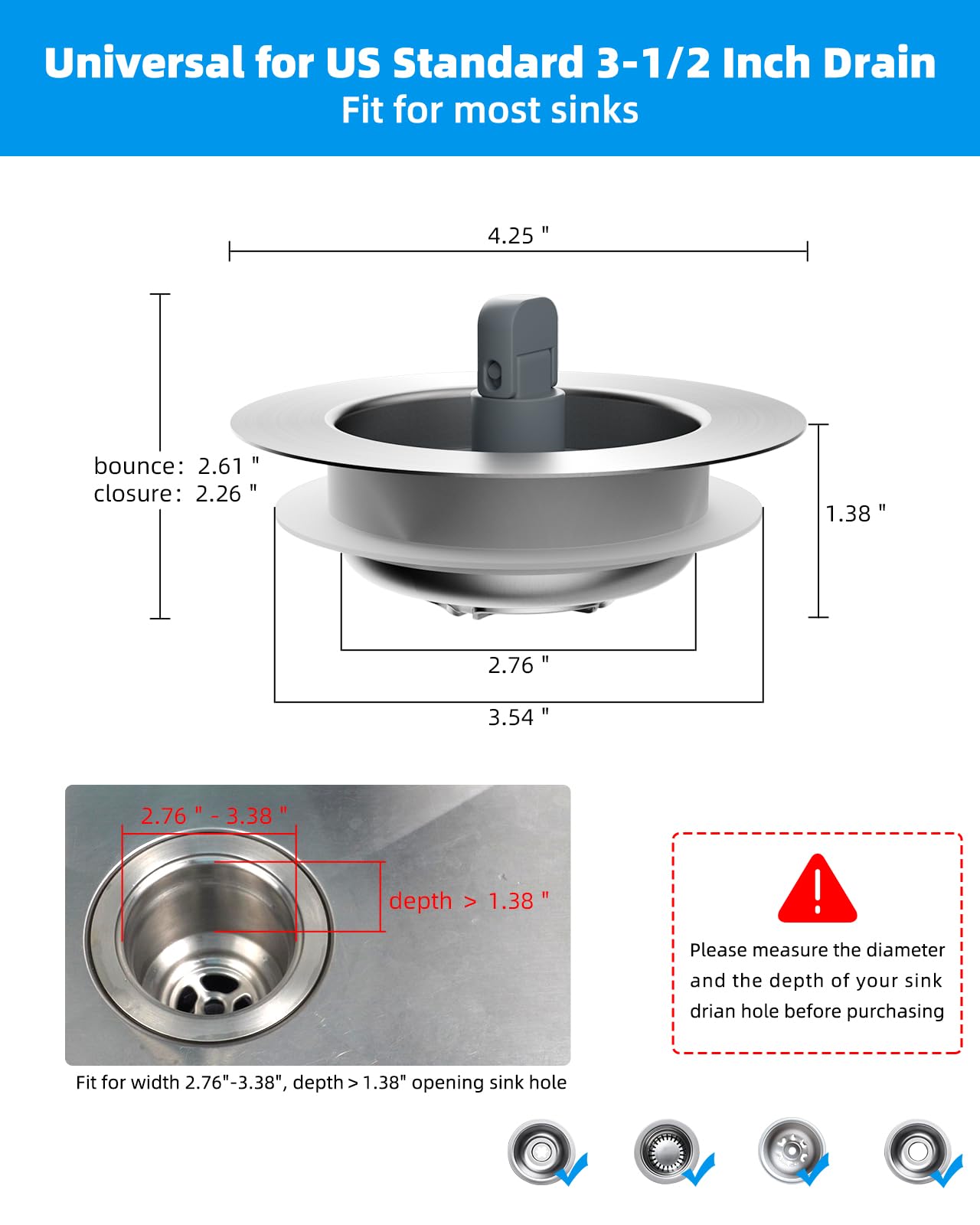 Hibbent Upgraded 3 in 1 Kitchen Sink Drain Strainer and Stopper Combo, Stainless Steel Metal Pop Up Sink Stopper, Anti-Clogging Basket with Foldable Handle for US Standard 3-1/2 Inch Drain