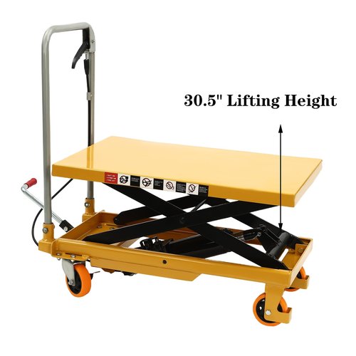 Yellulu Hydraulic Table Cart, 500lbs Capacity Cart Lift Table Cart, Manual Scissor Lift Table, Elevating Hydraulic Cart - with 4 Wheels and Foot Pump - 30.5" Lifting Height, Yellow