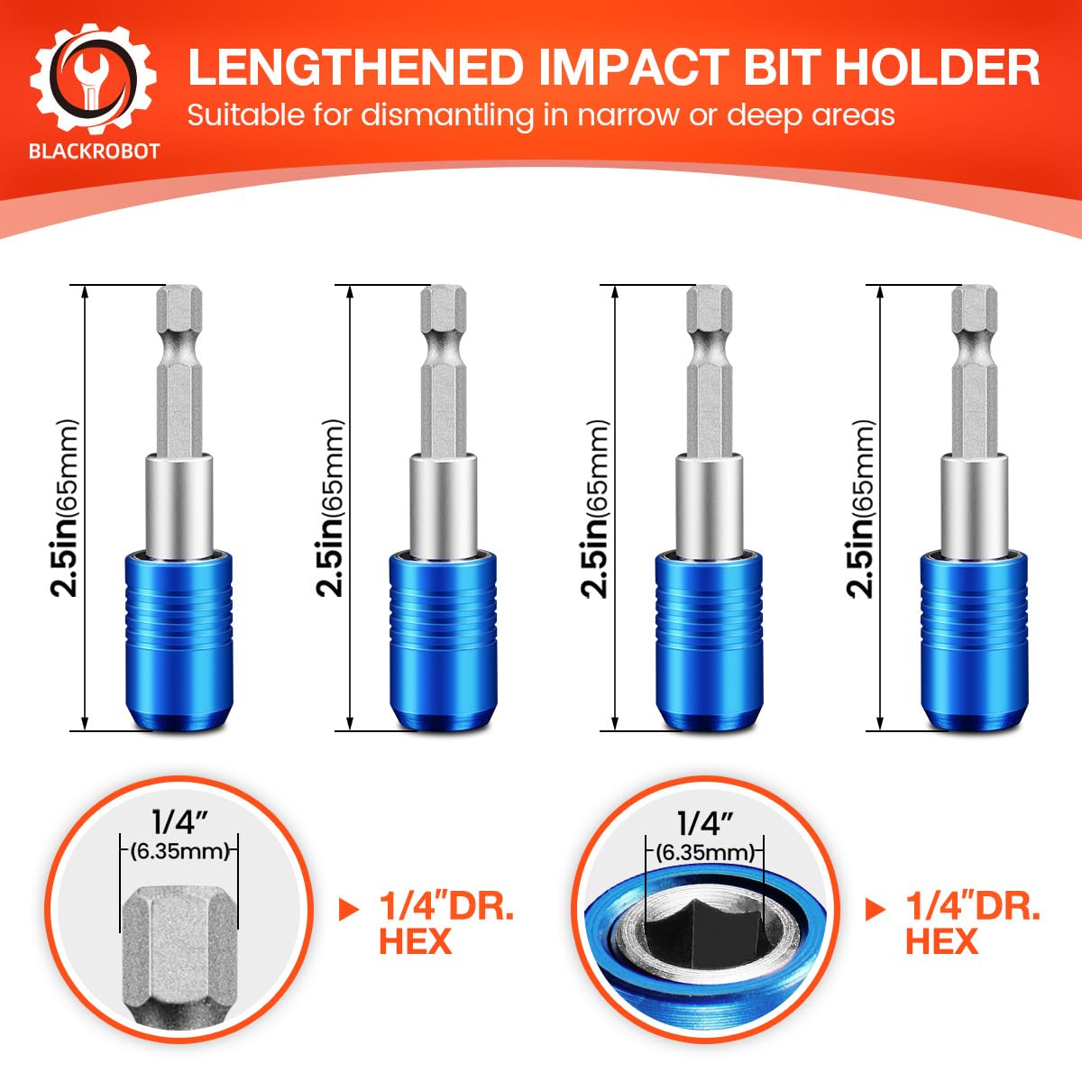 BLACKROBOT 4-Piece Magnetic Quick Change Impact Bit Holder, 2.5-Inch Drill Bit Extension for 1/4" Hex Drives, Ideal for Screwdriver Bits, Nuts, Drills and Socket Driver Adapters