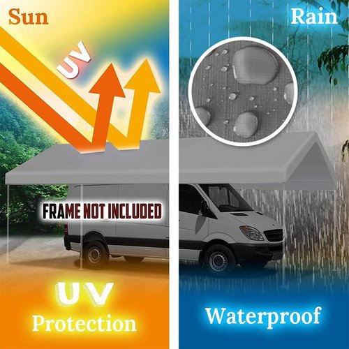 Rutile 10 x 20 FT Carport Replacement Cover, Heavy Duty Car Tarp Canopy Tent Replacement Top w/Ball Bungees Gray (Only Top Cover, Frame is not Included)