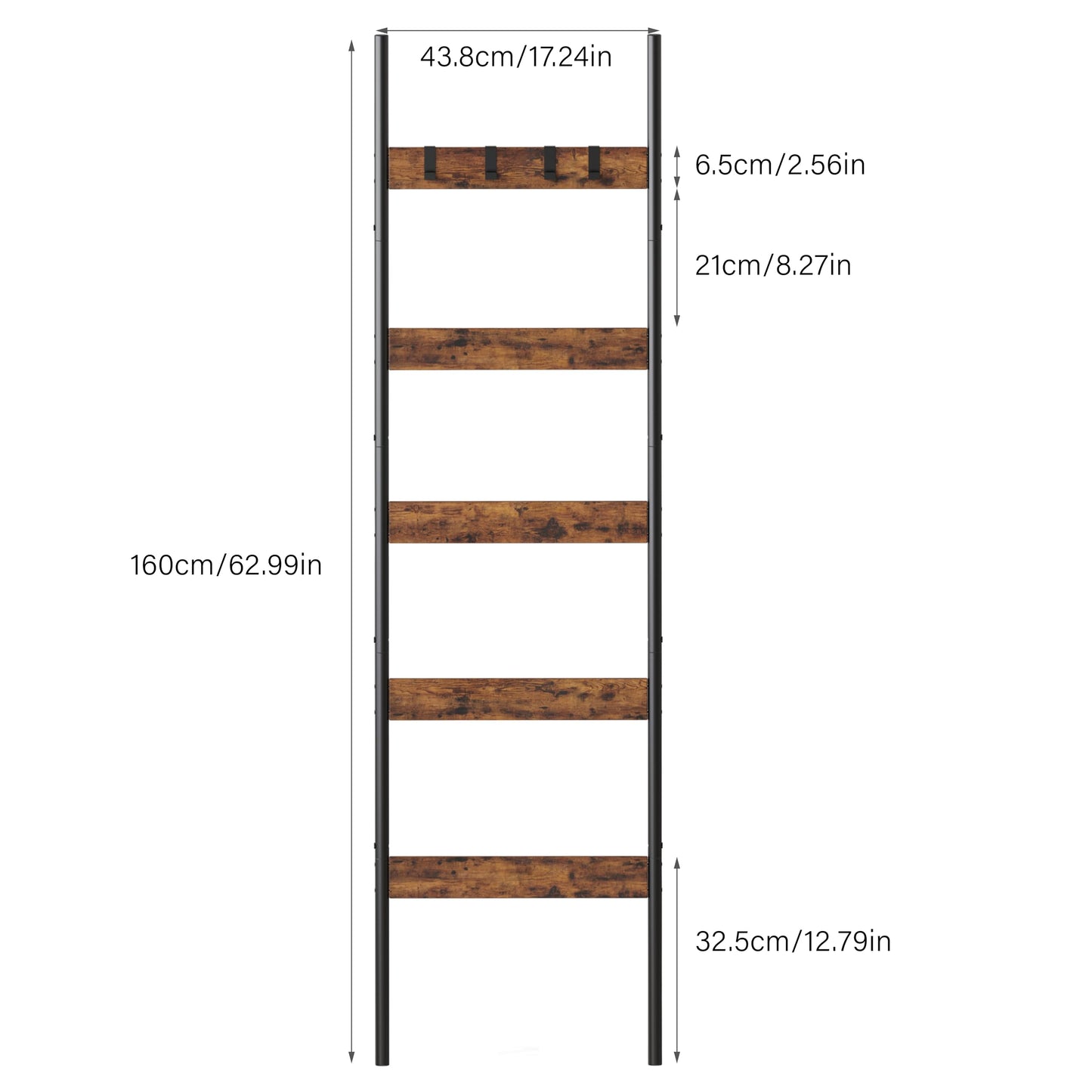 Blanket Ladder, 5-Tier Towel Holder with 4 Removable Hooks, Farmhouse Wall Leaning Decorative Rack Shelf, Wooden Towel Display Rack, Quilt Ladder for Living Room, Bedroom, Rustic Brown