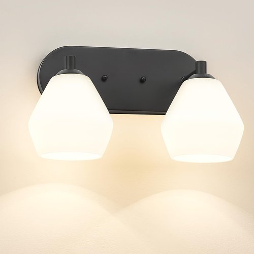 Emak Modern 2-Light Bathroom Vanity Light, Black Bathroom Light Fixtures with Milk Glass Shade, Farmhouse Vanity Lights for Mirror, Bath, VL129-BK-ML-2