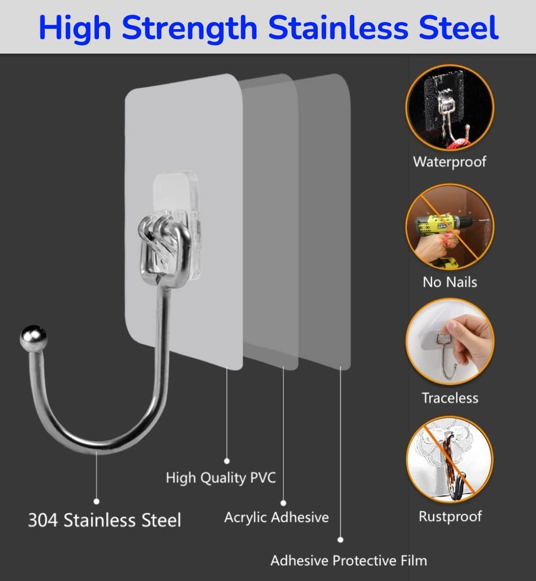 SZNKB Large Adhesive Hooks, 12-Pack Sticky Hangers for Hanging Heavy Duty, Transparent Waterproof Oil-Proof and Rustproof, Towel and Coats Hooks for Bathroom,Kitchen Home and Office