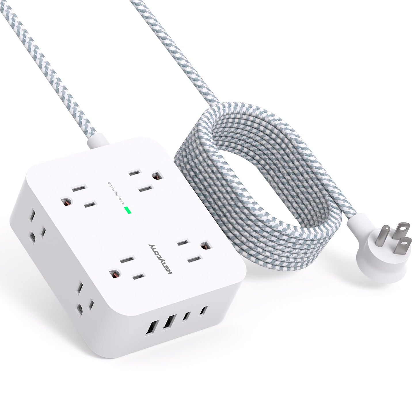 10 Ft Surge Protector Power Strip, HANYCONY Extension Cord with 8 AC Outlets 4 USB (2 USB C) Ports, Flat Plug, Wall Mount Desk USB Charging Station for Home