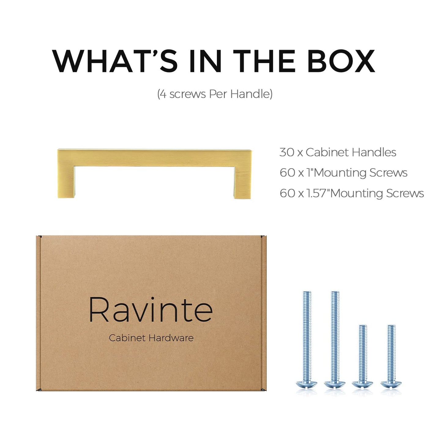 Ravinte 30 Pack 5 Inch Square Cabinet Handles, Brushed Brass Finish, Stainless Steel Kitchen Hardware Pulls with 5" (128mm) Hole Center for Cabinets, Gold