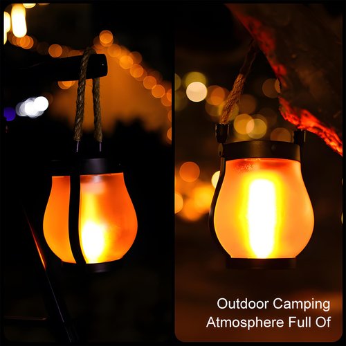 Flickering Flame Solar Lanterns, Camping Lantern Outdoor Lights, Automatic Light Sensor, Solar & USB-C Charging, Waterproof Hanging Lantern for Pathway Yard Patio Porch Garden Decor (1PCS)