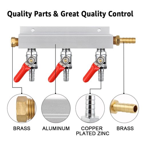 MRbrew Gas Manifold, CO2 Gas Distributor, 5/16'' Barb Fitting Beer Kegerator Splitter, 3-Way Air Distributor with Integrated Check Valves & Hose Clamps