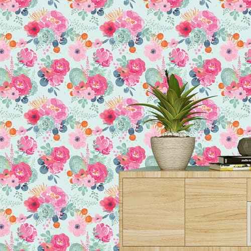 MulYeeh 17.5"x 118" Peel and Stick Wallpaper Vintage Pink Floral Wallpaper Blue Base Contact Paper Vinyl Waterproof Self Adhesive Renter Friendly Wall Paper Cabinet D?cor