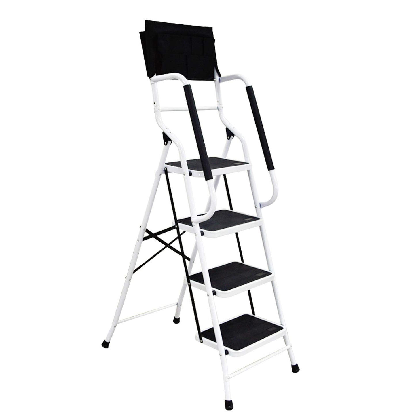 Wiberwi 4 Step Ladder with Handrails 500 lb Capacity Step Stool Folding Portable Ladders for Home Kitchen Steel Frame with Non-Slip Wide Pedal Stepladder with Attachable Tool Bag White