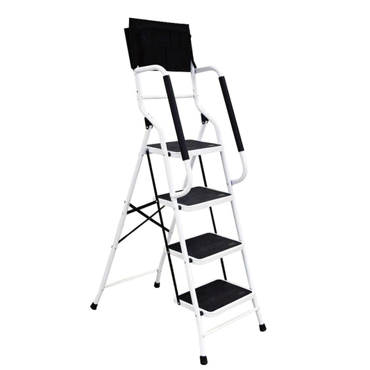 Wiberwi 4 Step Ladder with Handrails 500 lb Capacity Step Stool Folding Portable Ladders for Home Kitchen Steel Frame with Non-Slip Wide Pedal Stepladder with Attachable Tool Bag White