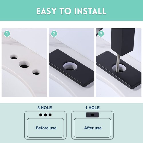 6 Inch Faucet Deck Plate, Matte Black Escutcheon Faucet Plate for Bathroom Sink 1 Hole or 3 Hole 4 Inch Centerset Basin Sink Hole Cover, Stainless Steel Faucet Hole Cover