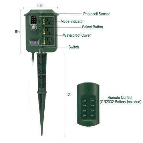 Outdoor Light Timer Waterproof, Dusk to Dawn Power Stake Timer Remote Control, 6 Grounded Electrical Outlets Timer for Outdoor Christmas Lights, Yard, Garden, Backyard, Halloween Decoration,13A