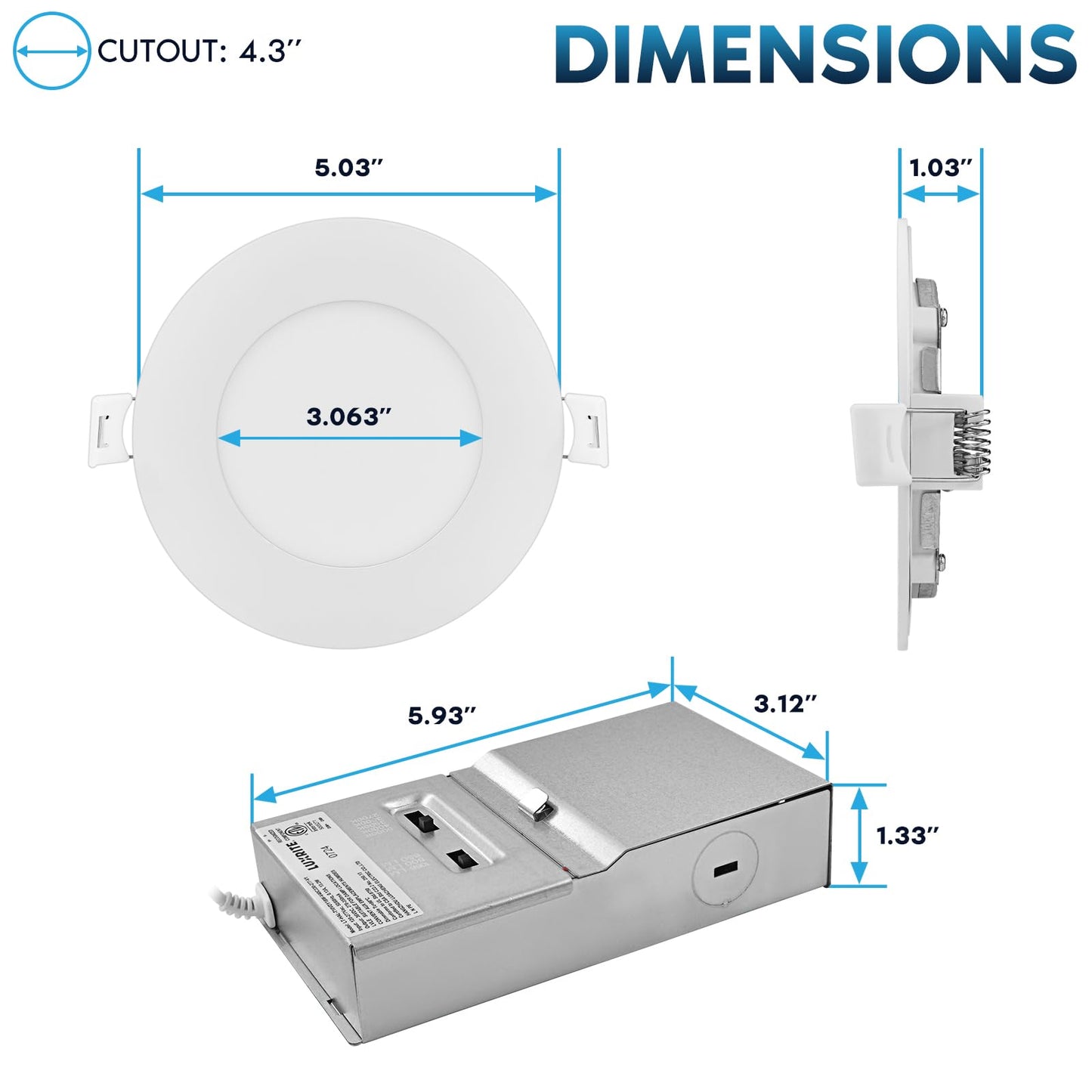 LUXRITE 4 Inch Canless Spotlight, LED Recessed Lighting, 5CCT 2700K-5000K, Dual Dimmable Ceiling Light, 650/800/1066 Lumens, CRI 90, 8W/10W/13W Selectable, IC Rated, Wet Rated, ETL Listed